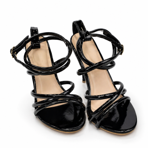 "Midnight Glitz" Strappy Patent Black Stiletto Heels - Adjustable Ankle Wrap
