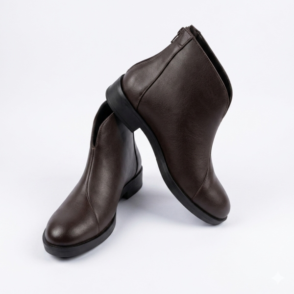 Premium Women's Dark Brown V-Cut Ankle Boots with Zipper
