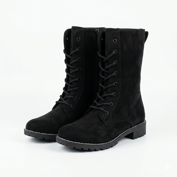 Premium Women's Black Faux Suede Mid-Calf Combat Boots