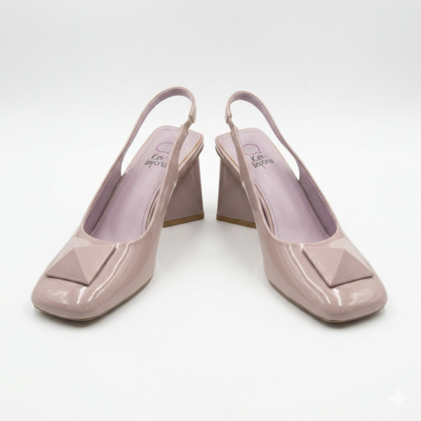 Nude Taupe Patent Square-Toe Slingback Block Heels with Pyramid Detail