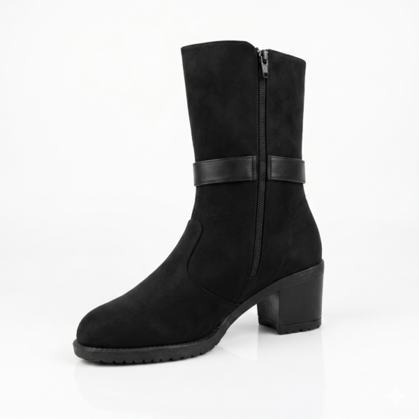 Chic Urban Explorer: Women's Suede Finish Block Heel Ankle Boot with Belt Detail - Black
