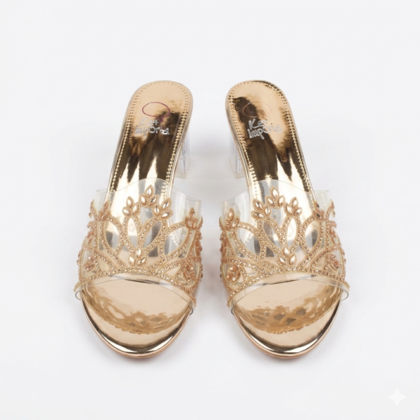 Golden Goddess Clear Block Heel Mules with Intricate Crystal Embroidery