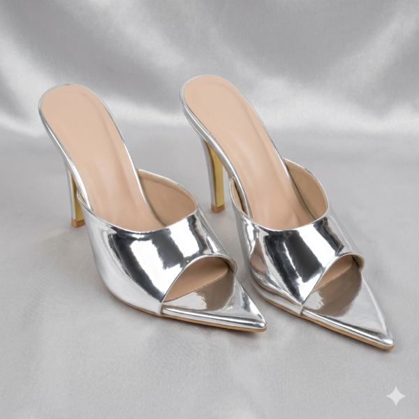 Women’s Metallic Silver Pointed-Toe Stiletto Mules with Gold Accent Heel