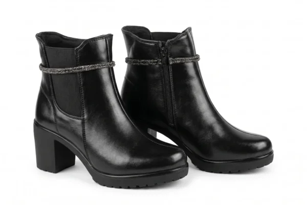 Glam Ankle Boots for Women – Polished Black Leather with Crystal Strap and Sturdy Block Heel