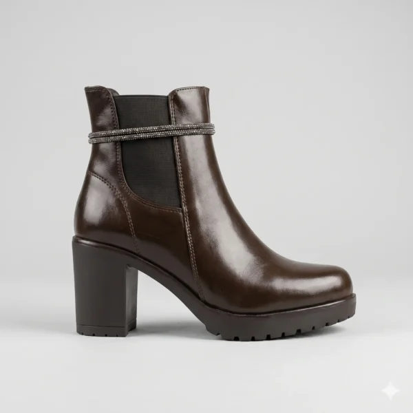 Women's Dark Brown Shiny Leather Platform Block Heel Chelsea Boots