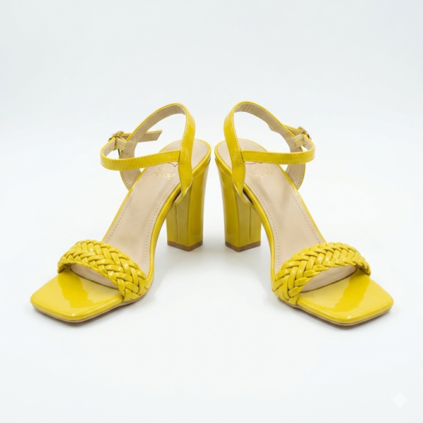 Sunshine Yellow Braided Strap Square Toe Block Heel Sandals