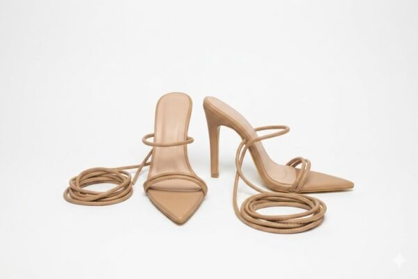 Beige Faux Leather Pointed Toe Lace-Up Stilettos – Nude Strappy Sandals with High Heel