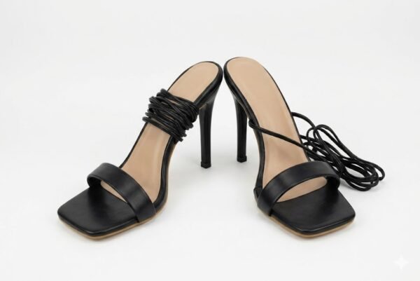 Elegant Black Square Toe Lace-Up Stiletto Sandals