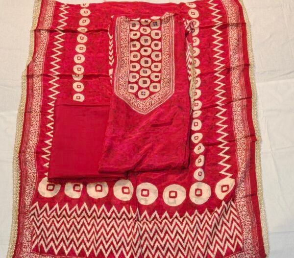 Dark Magenta Muslin Bandhani & Geometric Print Unstitched Suit Set