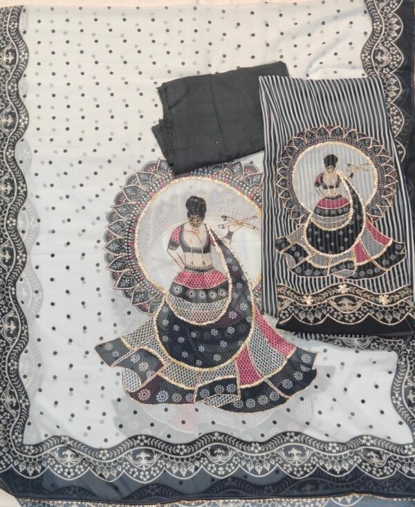Jet Black & White Georgette Unstitched Suit Set with Traditional Dandiya Motif