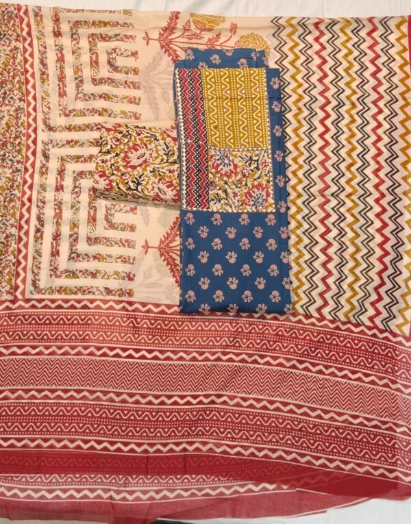 Indigo Blue & Rust Red Pure Cotton Jaipuri Print Unstitched Suit Set
