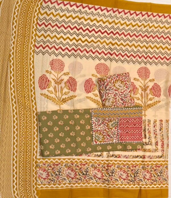 Olive Green & Mustard Yellow Pure Cotton Jaipuri Block Print Unstitched Suit Set