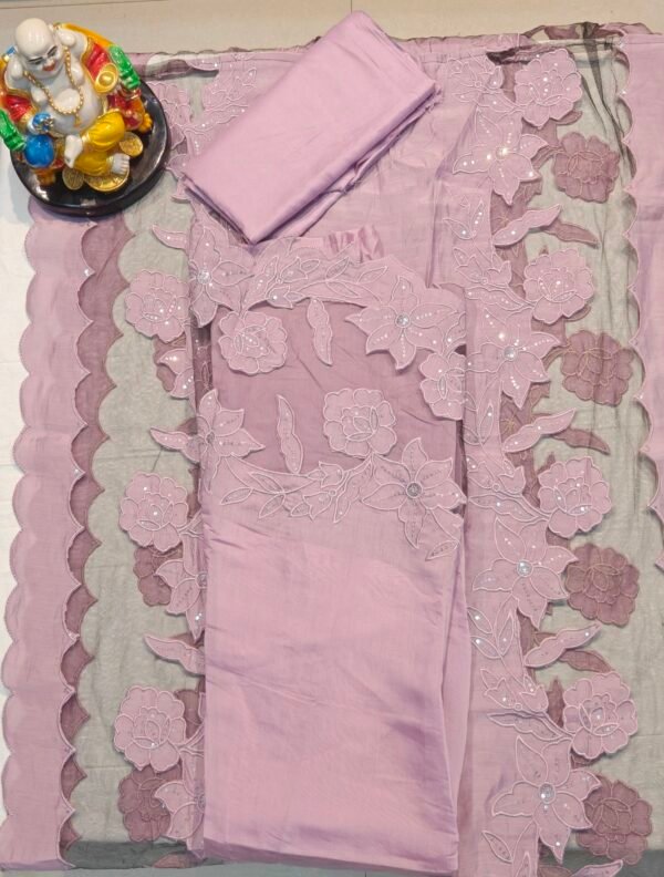Lavender Muslin Silk Unstitched Suit Set with Cutwork Organza Dupatta & Applique Embroidery