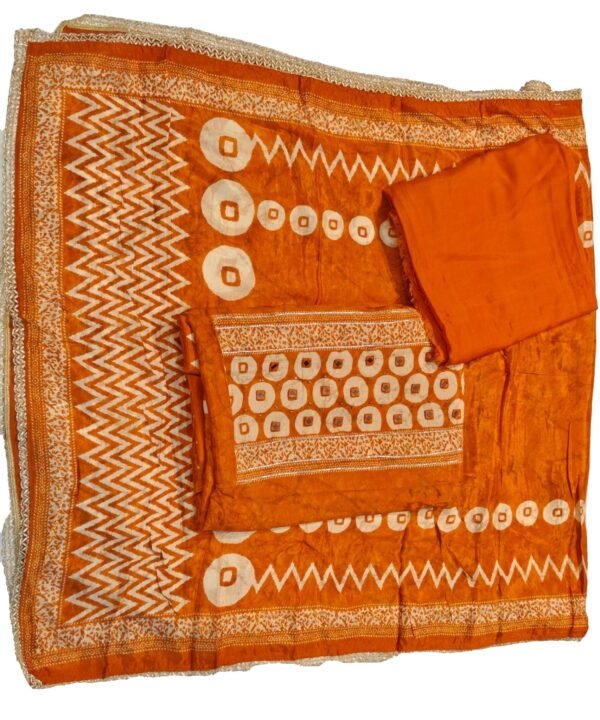 Rust Orange Muslin Bandhani & Geometric Print Unstitched Suit Set