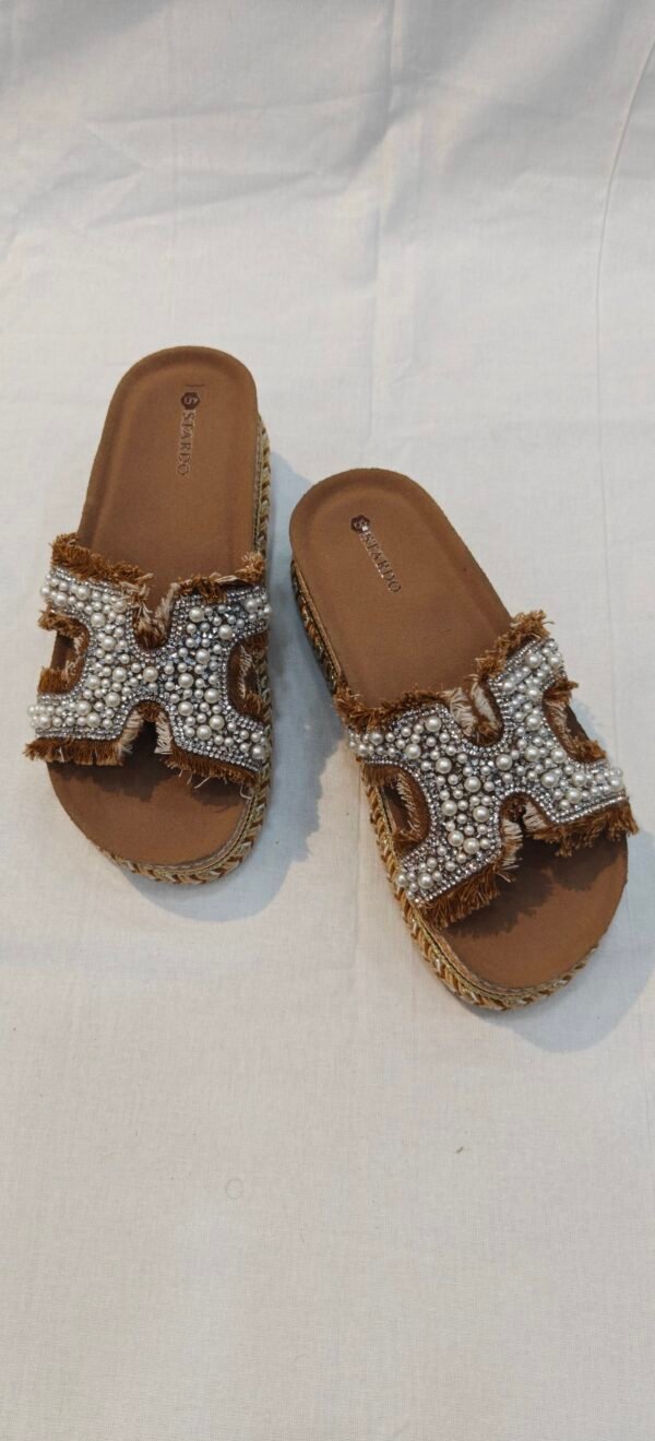 Stardo Women's Pearl & Crystal Fringed Low Wedge Slides.